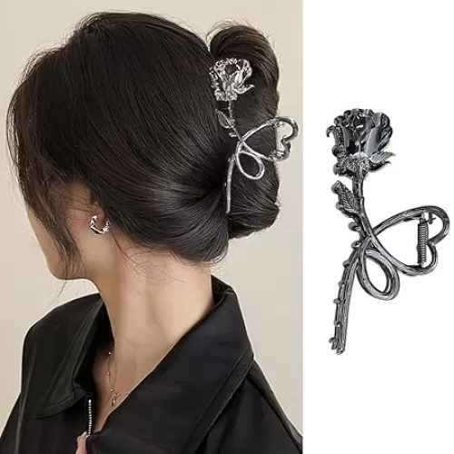 Flower Hair Claw Clips Metal Gunmetal Black Rose Hair Clips Large Heart Non-Slip Hair Jaw Clips for Women and Girls Trendy Hair Accessories Strong Hold Clamp Clips Hair Supplies for Thick/Thin Hair