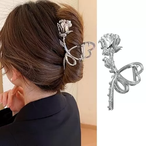 Flower Hair Claw Clips Metal Sliver Rose Hair Clips Large Heart-Shaped Non-Slip Hair Jaw Clips for Thick/Thin Hair Accessories Strong Hold Grip Clips Hair Supplies for Women and Girls 1Pcs