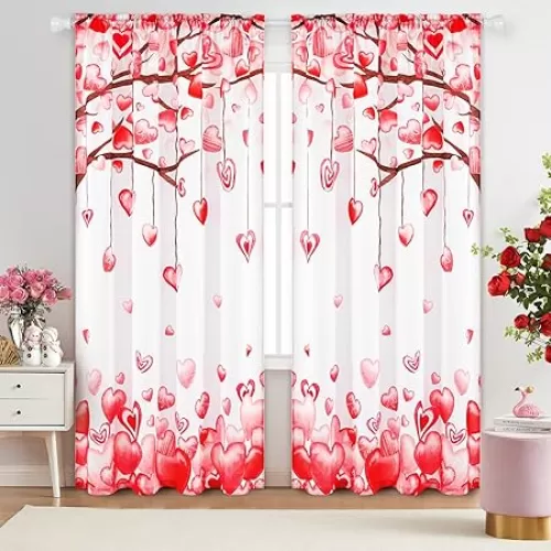 FRAMICS Valentine's Curtains 84 Inch Length 2 Panels Set, Falling Red Pink Love Heart Window Curtains Valentines Day Curtains for Living Room Rod Pocket Light Filtering Heart Curtains for Bedroom