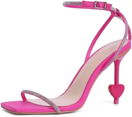 Frankie Hsu Stiletto Rhinestone Straight High Heeled Sandal, Heart Shape High Heels Women Shoes, Pink Satin Ankle Cross Strap, Square Toe Sandal For Women