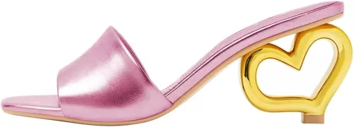 FSJ Women Square Open Toe Heeled Sandals Slip On Novelty Heart-Shaped Heel Mules Backless Fashion Wedding Dress Slides Size 4-16 US