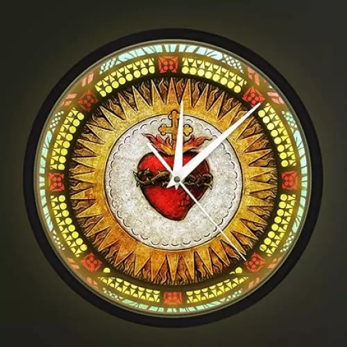 Geek Alerts Sound Control LED Light, Sacred Heart Silent Non Ticking Wall Clock, Battery Operated Smart Light, Catholic Church Prayer Cross Crown of Thorns Roses Jesus Christ 12inch Watch