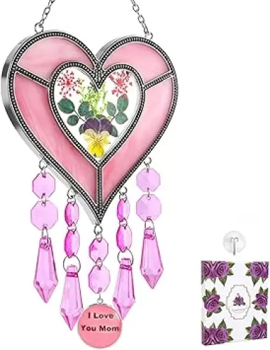 Gifts for Mom Suncatcher Heart Shaped I Love You Mom - Colored Glass Light Catcher Hanging Wind Chime Decorations Window Gifts Mother's Day Valentine's Day Birthday Christmas (Pink)