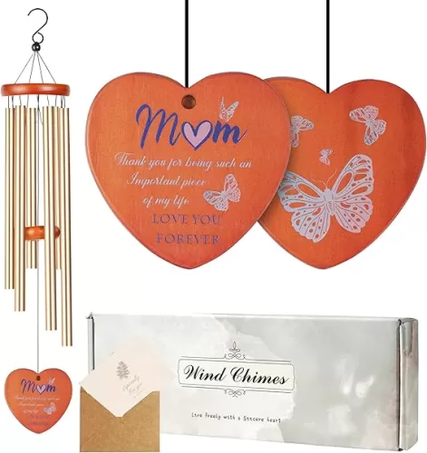 Gifts for Mom, Wind Chimes for Mom with Heart Catcher from Daughter or Son, Mom's Birthday Gifts, Gift Windchimes Printed with Butterfly for Mother's Day