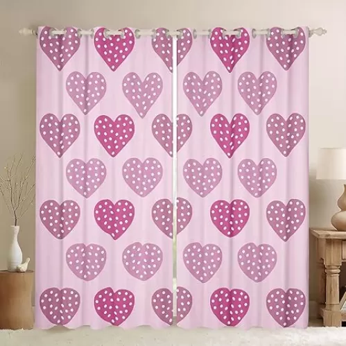 Girls Cartoon Blackout Curtains, Cute Love Hearts Curtains for Kids, Purple Love Heart Printed Window Curtains & Drapes for Bedroom, Kawaii Polka Dots Window Treatments, 52"W x 84"L 2 Panels