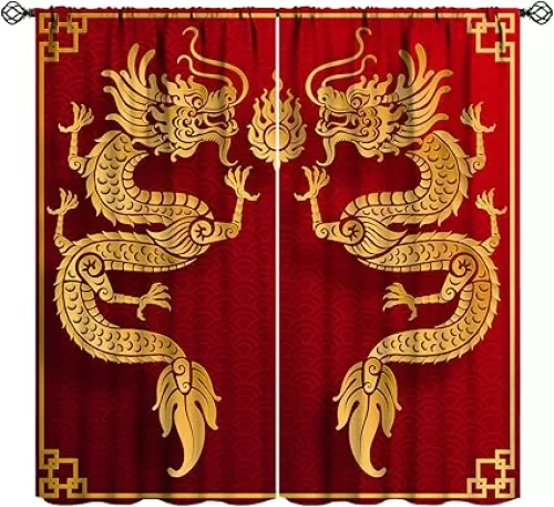 Golden Dragon Curtains Asian Tradition Elements Chinese Dragon Red Background Blackout Window Drapes Living Room 2 Panels 42x45 Inch