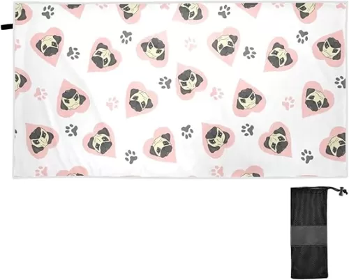 Gredecor Oversized Cute Pugs and Pink Hearts Beach Towel for Kids, 71"x31" Soft Microfiber, Absorbent, Quick Dry, Sand Free, Light, Multiuse for Bath, Pool, Swim, Camping, Beach