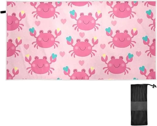 Gredecor Oversized Lightweight Beach Towel 71"x31" Pink Crab Color Hearts Extra Large Thin Sand Free Towels for Travel Swim Pool Yoga Gym Camping Adults Kids