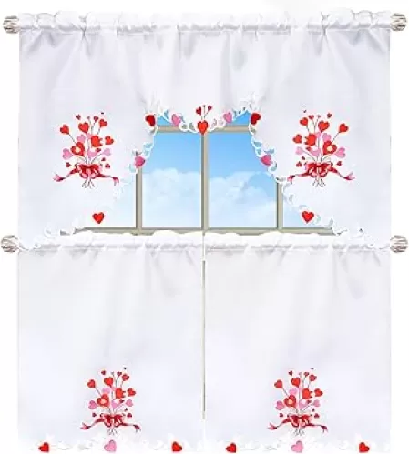 Grelucgo Embroidered Kitchen Window Rod Pocket Swag and Tiers Curtain Set (Heart)