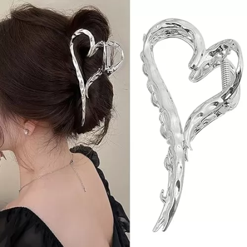 Hair Claw Clips Sliver Metal Large Heart Shaped Hair Clips for Thick or Thin Hair Strong Hold Claw Clips Elegant Non Slips Hair Jaw for Women Y2k Hair Accessories