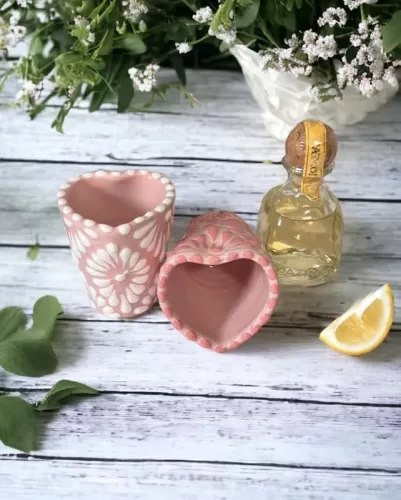 Handcrafted Pink Heart-Shaped Ceramic Shot Glass, Talavera Pottery, Ideal for Tequila and Mezcal, Traditional Mexican Design (Pink, White)
