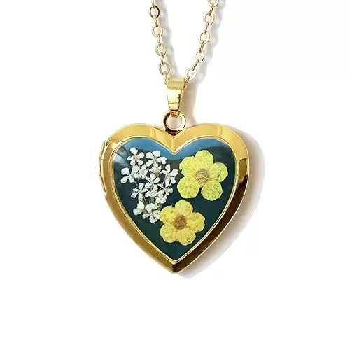 Handmade Heart Shaped Dried Pressed Forget Me Not Flower Photo Locket Pendant Necklace (Gold, Yellow Flower on Dark Green)