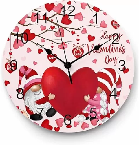 Happy Valentine's Day Silent PVC Wall Clock 14 Inch Gnomes Round Wall Clock Red Love Heart Tree Hanging Clock for Kitchen Non Ticking Battery Operated Living Room Pink Mute Clock