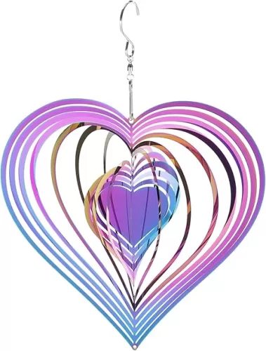 HARFINGTON Wind Spinner Heart-Shaped 7.87" x 11.34" Stainless Steel Reflectors Wind Chimes for Outdoor Devices Metal Decorations Keep Birds Away Yard Garden, Blue/Purple