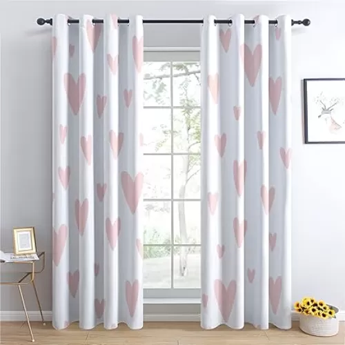 Heart Curtains for Bedroom Living Room, Love Blackout Curtains 63 inch Length 2 Panels Set, Pink and White Window Curtains, Thermal Insulated Grommet Drapes, Decorative Patterned Window Treatments