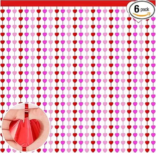 Heart Foil Fringe Curtains 3.3x6.6ft Valentines Red Pink Heart Shaped Tassel Curtains Photo Backdrop Streamer for Valentines Party Decorations Bridal Shower Wedding Engagement (6 Pcs)