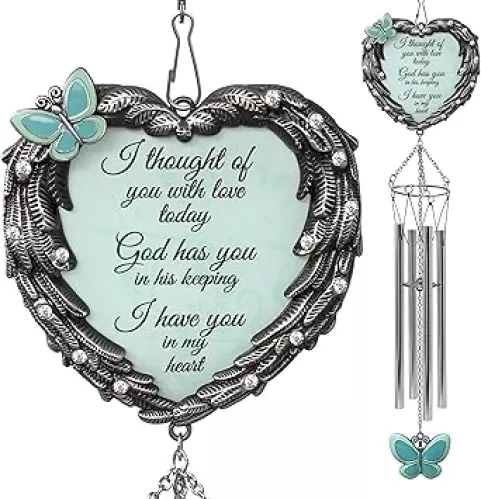 Heart Shaped Angel Wings Memorial Windchime - Enameled Butterflies - I Thought of You with Love Today - in Loving Memory Chimes - Loss of a Loved One - Measures 23" L