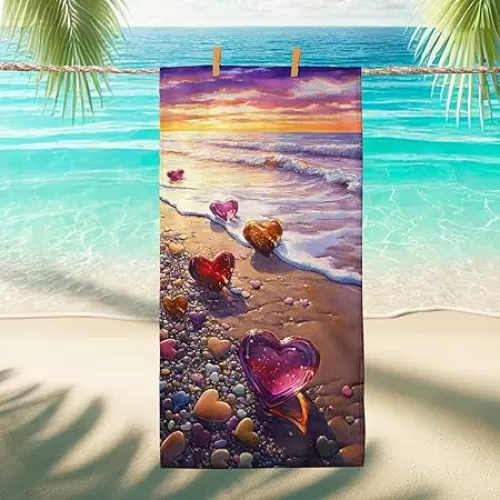 Heart-Shaped Beach Towel Vibrant Peach and Red Towel, Quick Dry Absorbent Sand Free Lightweight Blanket, Ideal for Travel Pool Gym Outdoor Activities 62x31 Inch