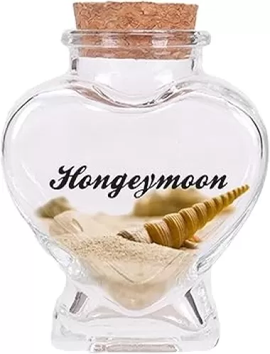 Heart Shaped Clear Glass Bottle With Cork Stopper Hand Lettered Wedding and Honeymoon Sand Keepsake Jar Gift for Newlywed Couple (Heart)