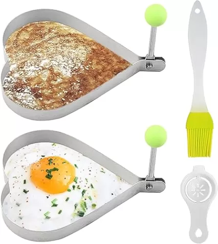 Heart Shaped Egg Pancake Molds, 2 Pack Egg Ring for Frying Eggs and Egg Mcmuffins Stainless Steel Hearts Egg Mold Pancake Ring with Oil Brush & Egg Separator for Love Breakfast Sandwiches