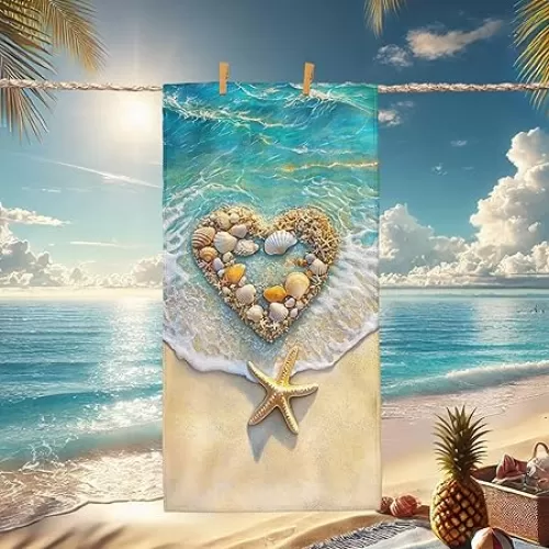 Heart Shaped Seashell Beach Towel Aqua Ocean Inspired Quick Dry Soft Lightweight Sand Free Beach Blanket, Vacation Pool Gym Essentials 62x31 Inch