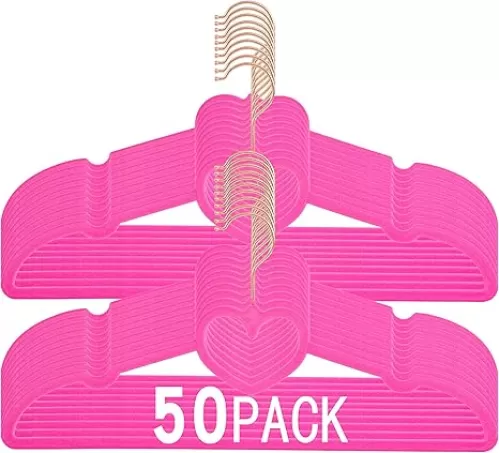 Hot Pink Velvet Hangers 50 Pack, Premium Non-Slip Felt Clothes Hanger, 360 Swivel Rose Gold Hooks, Space Saving Slim Hangars, Durable & Cute Velvet Heart Design for Adult