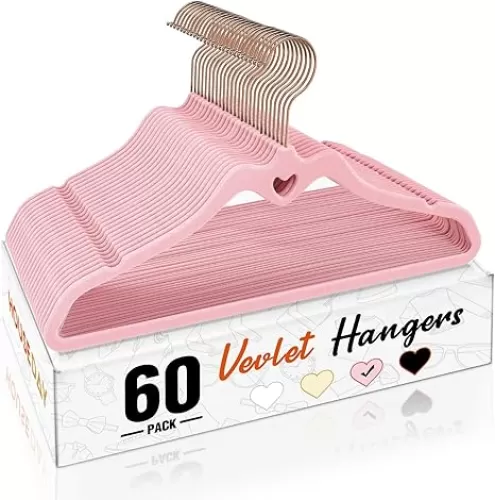 HOUSE DAY Pink Velvet Hangers 60 Pack, Non Slip Flocked Felt Hangers, Sturdy Velvet Clothes Hanger, Cute Heart Heavy Duty Coat Hanger, Ultra Slim Pink for Closet Space Saving
