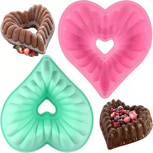 HUAKENER 2 Pack Heart Bundt Pan, 9 Inch Heart Molds, Nonstick Silicone Cake Molds