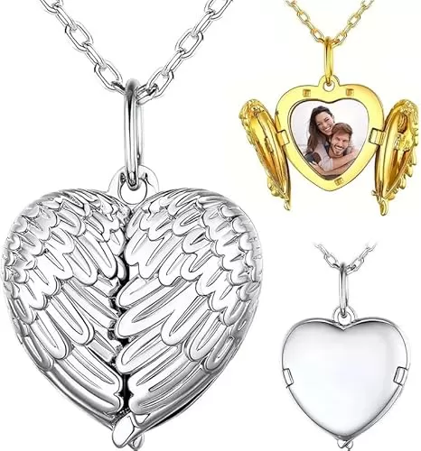 JINMA Personalized Heart Locket Necklace with Angel Wings – Custom Photo Pendant with Picture Inside, Memorial Keepsake Jewelry for Women, Gift for Mom Wife