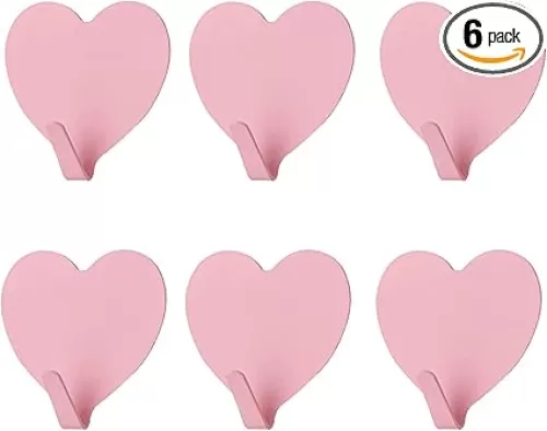 JtmyAota 6 Pack Heart Shaped Decorative Wall Hooks, Stainless Steel Strong Adhesive Wall Hook for Home Kitchen Bathroom Office (Light Pink)