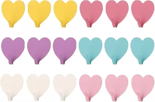 Kakalote 18pcs Heart Shaped Decorative Wall Hooks for Home Kitchen Bathroom Office, Stainless Steel Coat Rack Self Adhesive No Drilling(Size:6 Colors, Each Color 3pcs)