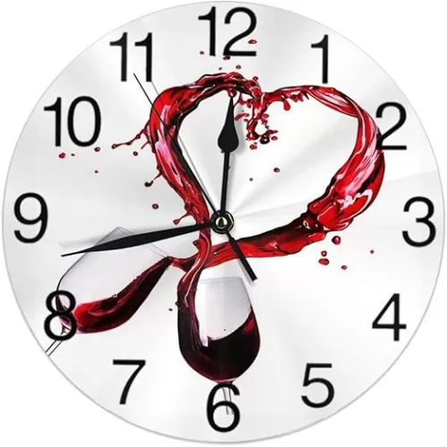 KiuLoam Glasses of Red Wine Heart Splash Valentine's Day Round Wall Clock Silent Non Ticking Battery Operated Easy to Read for Student Office School Home Decorative Clock Art