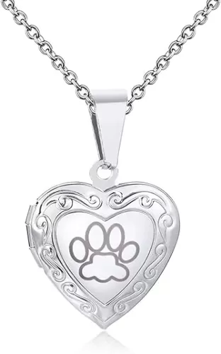 KunBead Women's Heart Photo Paw Print Locket Necklace with Picture inside I Love You Heart Shaped Jewelry Pendant Necklace