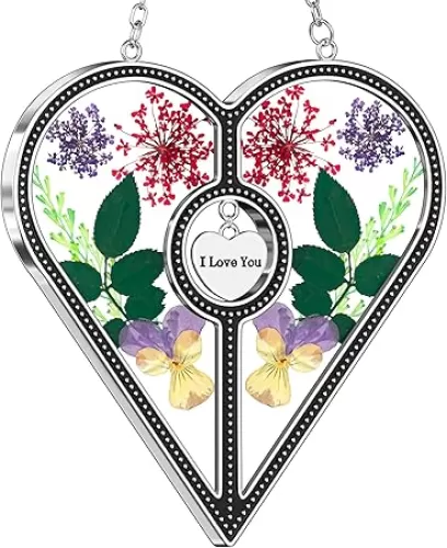 KY&BOSAM Heart Suncatcher I Love You Glass Panels for Window Hangings Wind Chime with Pressed Flower Heart Embedded in Glass Mom Gifts Birthday Gifts for Women Mother`s Day Valentine`s Christmas Decor
