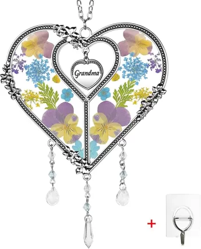 LARAINE Heart Suncatcher with Pressed Flower Wings Mom Mother's Day Love Glass Wind Chime Ornament Charm with Metal Heart Gifts for Mom Grandma Aunt Birthday (Grandma, Blue)