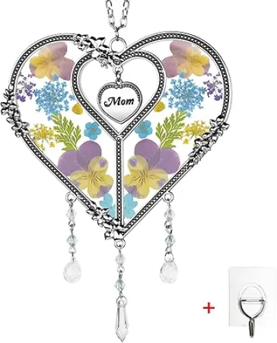 LARAINE Heart Suncatcher with Pressed Flower Wings Mom's Day Love Glass Wind Chime Ornament Charm with Metal Heart Gifts for Mom, Grandma, Aunt, Birthday (Blue)