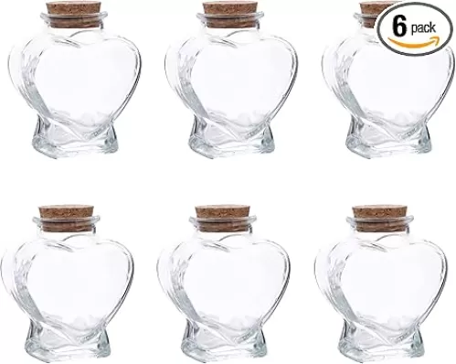Lassos Boutique Set of 6 Heart Shaped Glass Favor Jars with Cork Lids (2.7 oz), Wedding Keepsake Bottles, Decorative Honeymoon Memory Home Decor