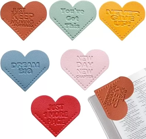 Leather Bookmarks - 6 Pieces Heart Shape Motivational Bookmarks for Reading Men Women Teachers Students Book Lovers Gifts, School Office Home Stationary Supplies