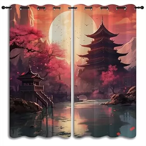 LHROOMJK Japanese Style Blackout Curtains for Boys Girl Bedroom Home Decor, Anime Art Asian Red Plum Red Moon Loft Tower Thermal Insulated Grommet Darkening Living Room Window Drapes, 42 x 45 inch