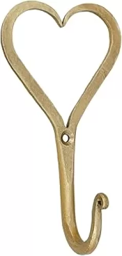 Living Ideas Hand Forged Heart Hook Wrought Iron Handmade Rustic Wall Hook for Towel, Plant & Mug Blacksmith Farmhouse Bathroom Coat Hook Rack Antique Brass Heavy Duty Kitchen Utensils Gold Hooks