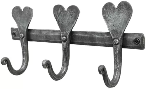 Living Ideas Hand Forged Heart Shape Metal Wall 3 Hooks (3 Pegs) Wrought Iron Handmade Rustic Coat Hook Blacksmith Wall Mounted Kitchen Towel Hooks Rack Black Antique Finish Heavy Duty Wall Hooks
