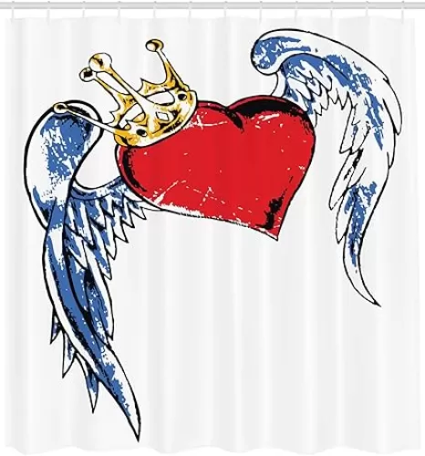 Lunarable Tattoo Shower Curtain, Grunge Heart with Wings and Crown Forever Kingdom of Love Graphic Print, Cloth Fabric Bathroom Decor Set with Hooks, 105" Extra Wide, Red Blue