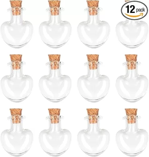 Magic Season Tiny Decorative Glass Bottles 12 Pcs (Tiny Heart-Shaped Bottles)