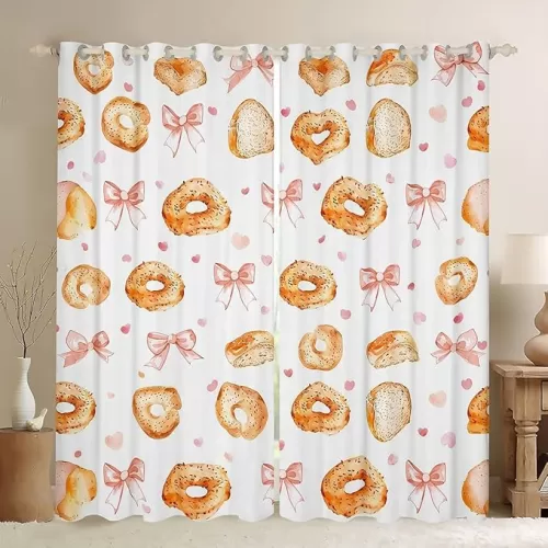 Manfei Bagel Windows Drapes Blackout 30%-50%, Princess Style Pink Bow Love Hearts Curtains for Living Room, Sweet Dessert Bread Watercolor Graffiti Window Drapes 52Wx63L Inches Set of 2