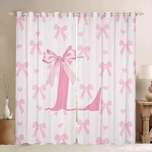 Manfei Pink Bow Windows Drapes Blackout 30%-50%, Princess Style Bowknot Love Hearts Girly Fairy Curtains for Living Room, Initial Letter L Chic Romantic Window Drapes 52Wx63L Inches Set of 2