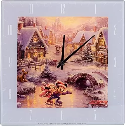 Mark Feldstein & Associates Sweetheart Holiday Mickey Minnie Disney Kinkade White 11 inch Glass Square Wall Clock