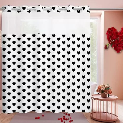 MEHOFOND No Hook Valentines Shower Curtain, Black Hearts Shower Curtain Set, Valentines Sweetheart Black and White Holiday Bathroom Decor, See Through Mesh Top Window Shower Curtain 71x74IN