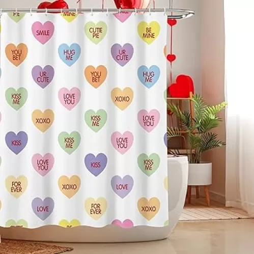 MEHOFOND Valentines Shower Curtain Colorful Conversation Hearts Candy Shower Curtain for Valentine Bathroom Decor Sweetheart Bathroom Curtains Washable Durable Fabric 72x72 in