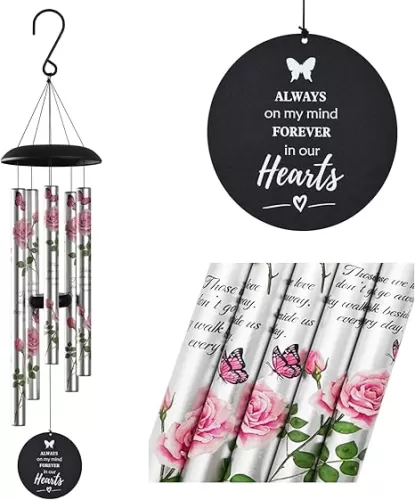Memorial Wind Chimes for Loss of Loved One - Pink Rose Wind Chimes for Outside, Sympathy Gifts for Remembrance of Mother and Father, Windchimes in Memory of Loved One