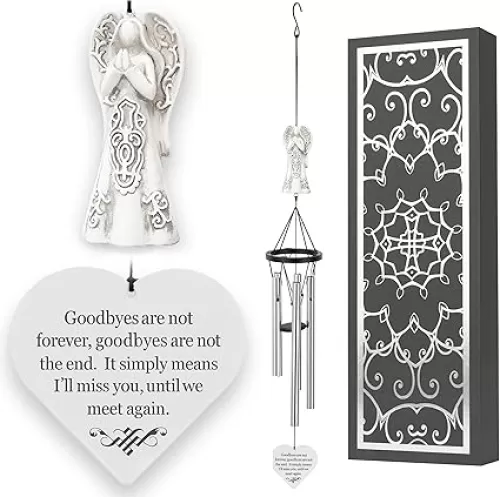 Memorial Wind Chimes with Celtic Angel & Heart - Goodbyes are Not Forever - Sympathy Gift for Loss of a Loved One
